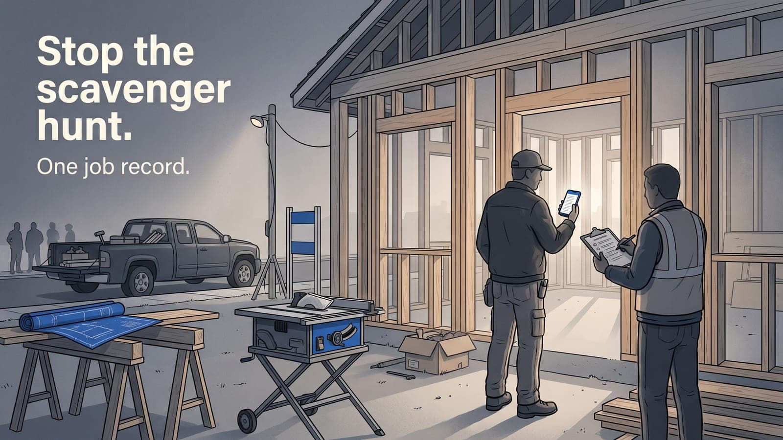 A person showing a permit on a phone to an inspector at the framed doorway of a house under construction.