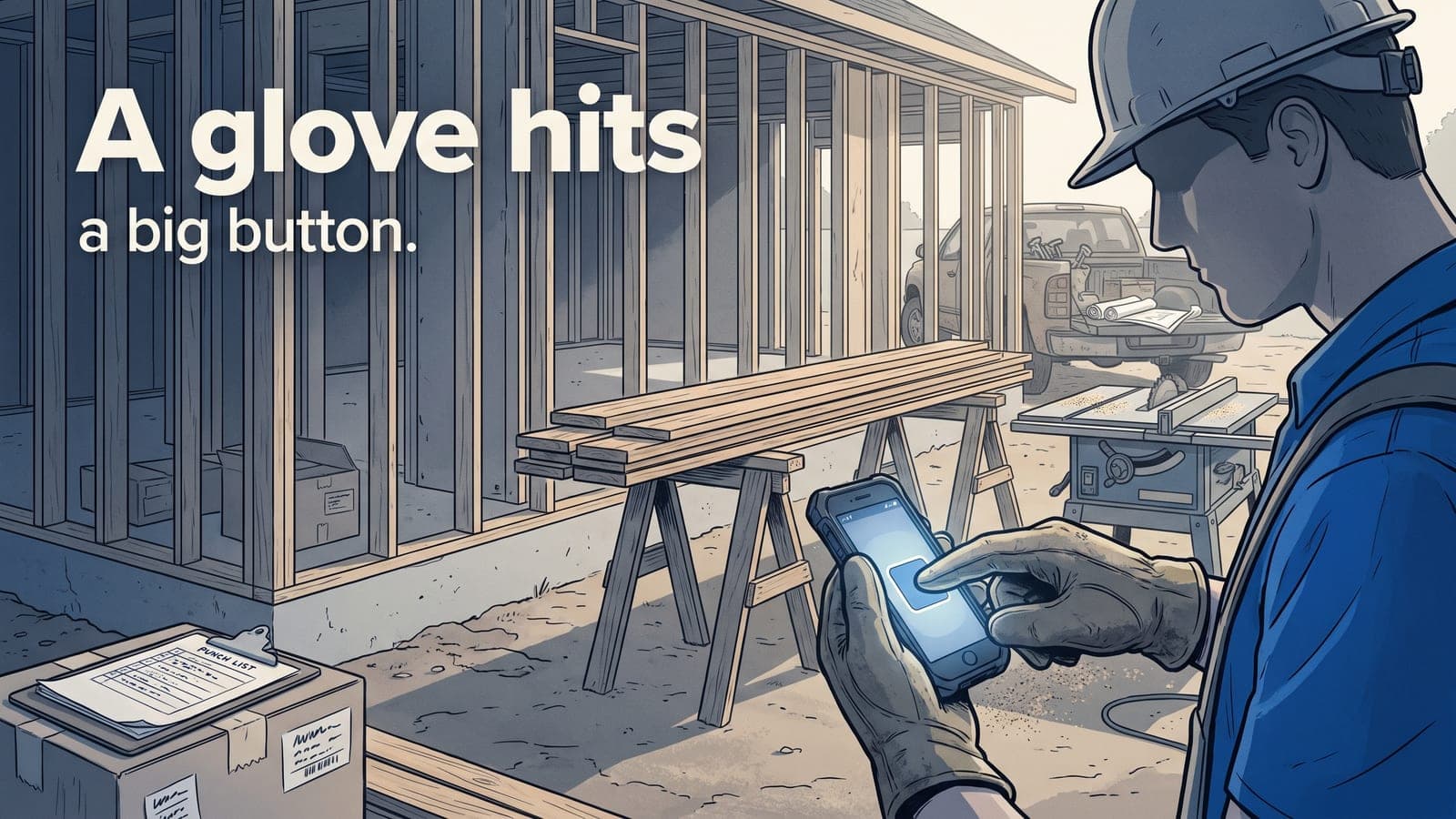 A gloved hand tapping a large button on a phone at a sunny framed construction site.