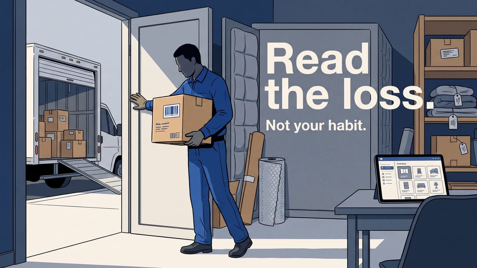 A person standing in a doorway holding a cardboard box, a truck visible outside.
