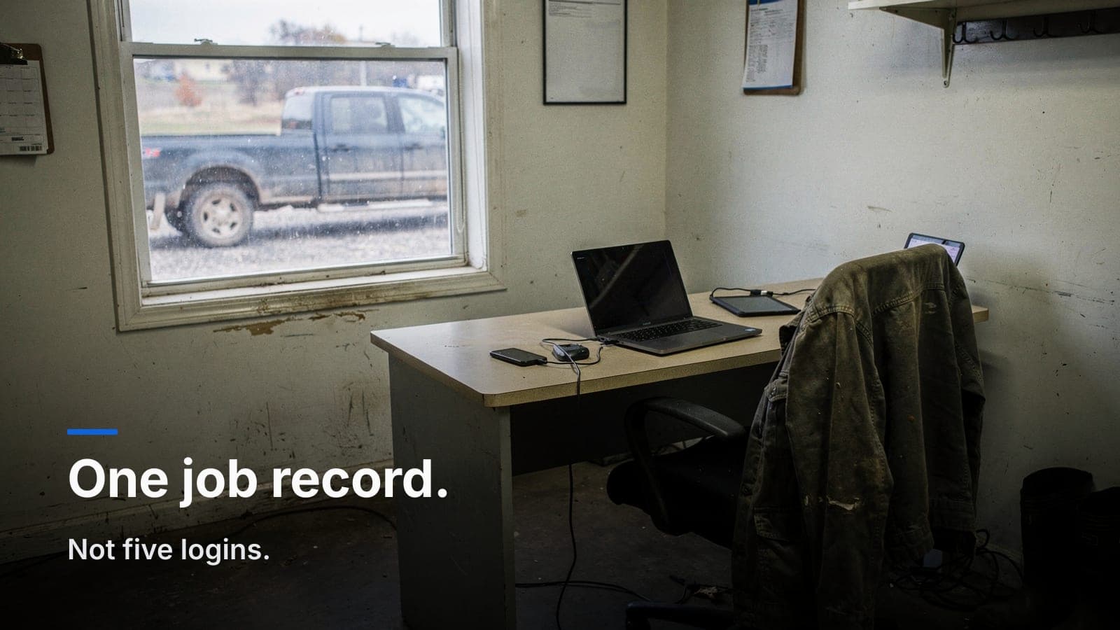 A worn desk in a small shop office with a laptop, tablet, and charging phone, a work jacket on the chair, and a pickup out the window.